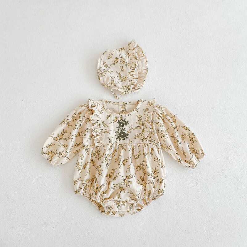 Baby Girl's 2-Piece Set Floral Prints Bodysuit Dress & Bonnet (1)