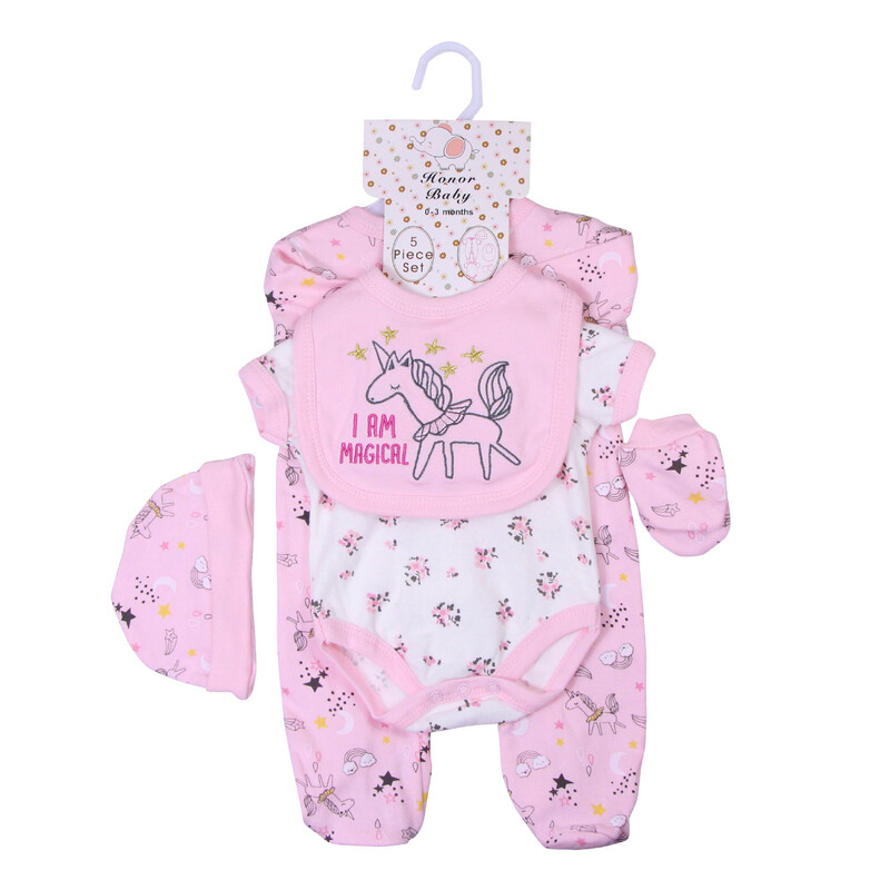 Newborn Baby 5-Piece Clothing Set Bodysuit, Beanie& Mittens - Unicorn Pink (1)