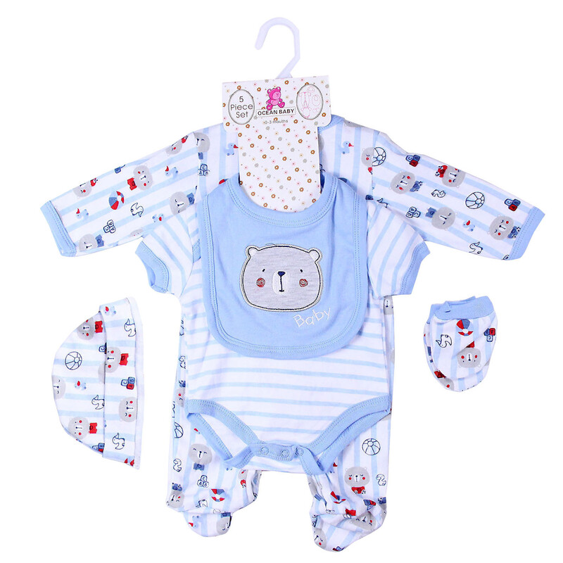 Newborn Baby 5-Piece Clothing Set Bodysuit, Beanie& Mittens - Little Bear Blue (1)