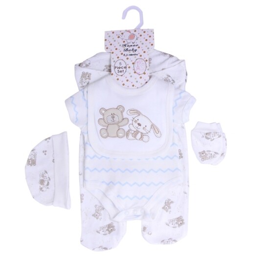 Newborn Baby 5-Piece Clothing Set Bodysuit, Beanie& Mittens - Little Rabbit (1)