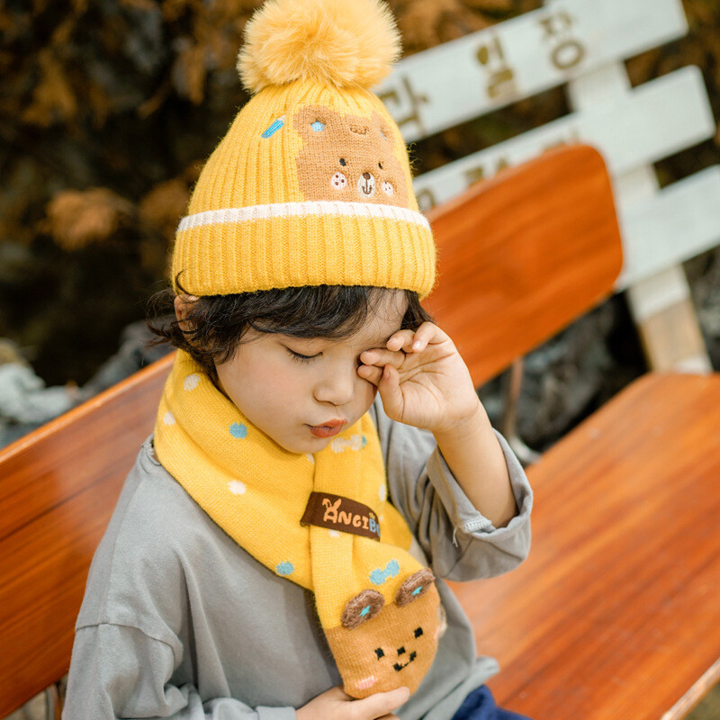 Baby/Kids 2-Piece Set Winter Knit Hat& Scarf - Yellow (1)