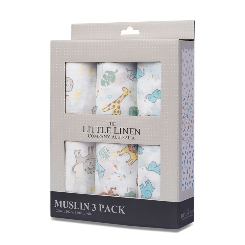 The Little Linen Co Muslin Wrap 3 Pack - Safari Bear (1)