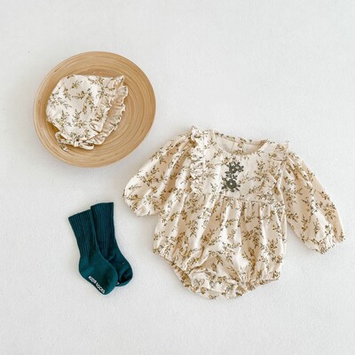 Baby Girl's 2-Piece Set Floral Prints Bodysuit Dress & Bonnet (3)