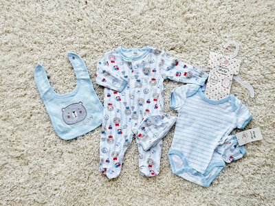 Newborn Baby 5-Piece Clothing Set Bodysuit, Beanie& Mittens - Little Bear Blue (2)
