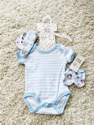 Newborn Baby 5-Piece Clothing Set Bodysuit, Beanie& Mittens - Little Bear Blue (4)