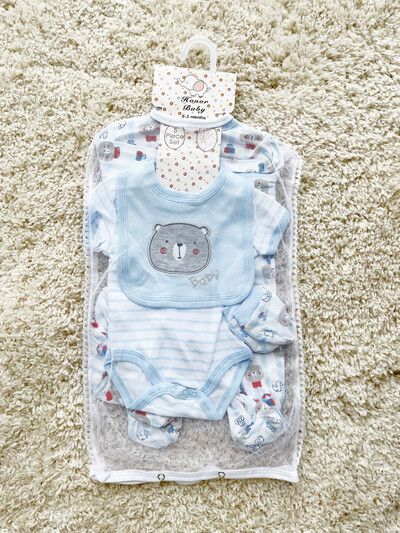 Newborn Baby 5-Piece Clothing Set Bodysuit, Beanie& Mittens - Little Bear Blue (5)