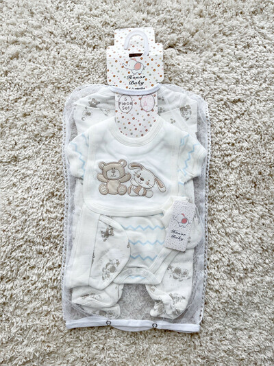 Newborn Baby 5-Piece Clothing Set Bodysuit, Beanie& Mittens - Little Rabbit (5)