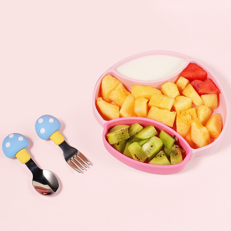 Babies Silicone Suction Mushroom Plate set with Fork and Spoon (4)