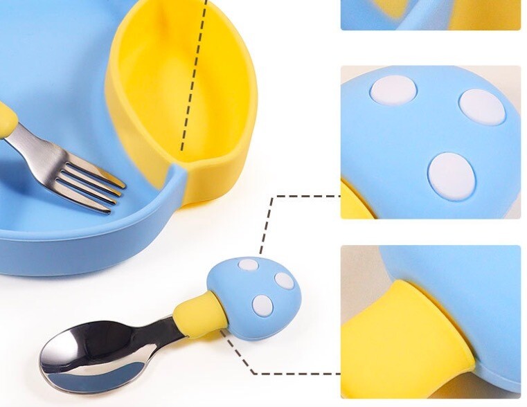 Babies Silicone Suction Mushroom Plate set with Fork and Spoon (7)